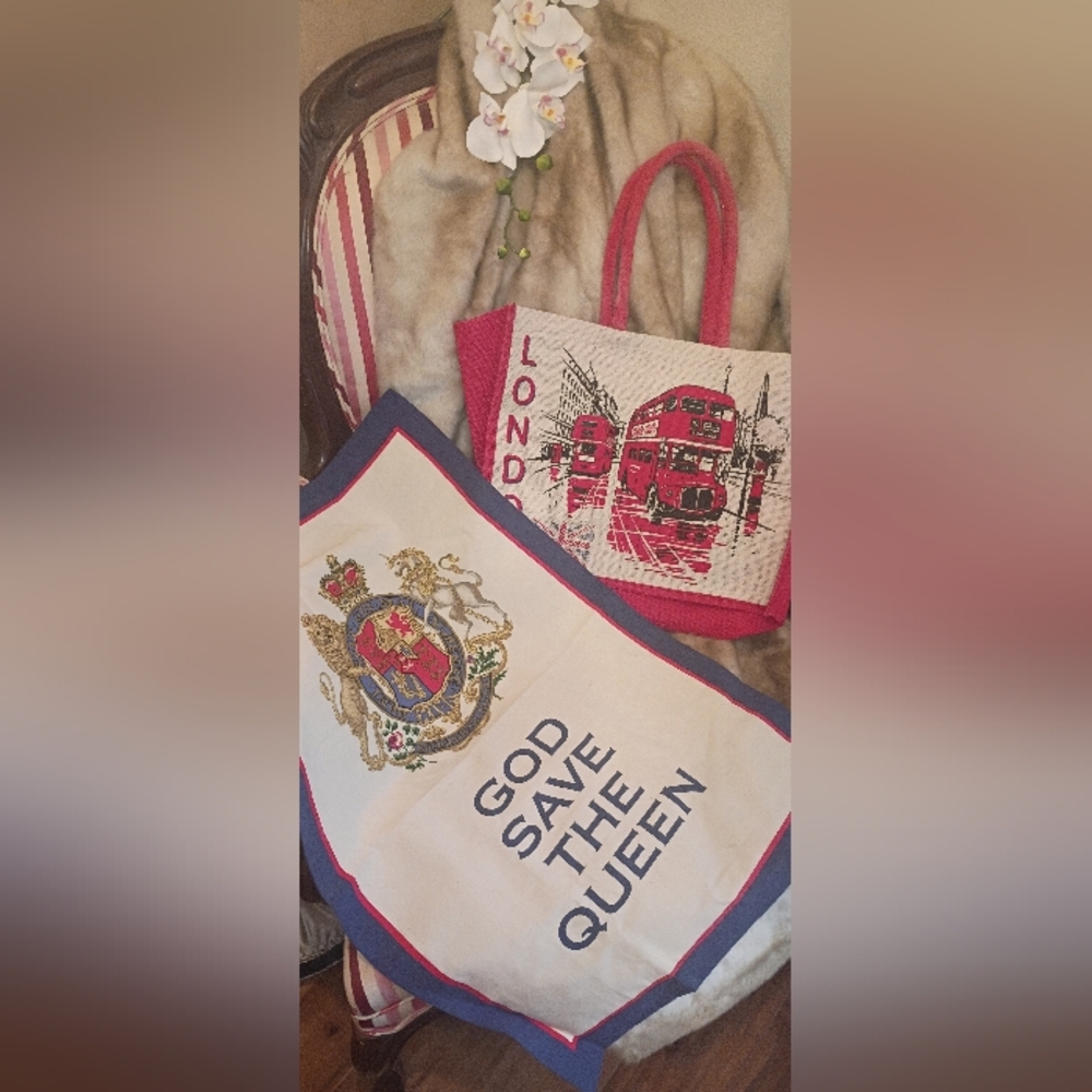 England Themed Lot: God Save The Queen Tea Towel & Double-decker Bus Bag NWOT
